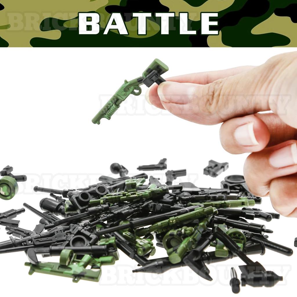 BrickBounty Guns Weapons Weapon Pack Compatible with Major Brand Building Includes Military WWII Military SWAT and Ammo 130-Pcs - - Blocks, Helmets,