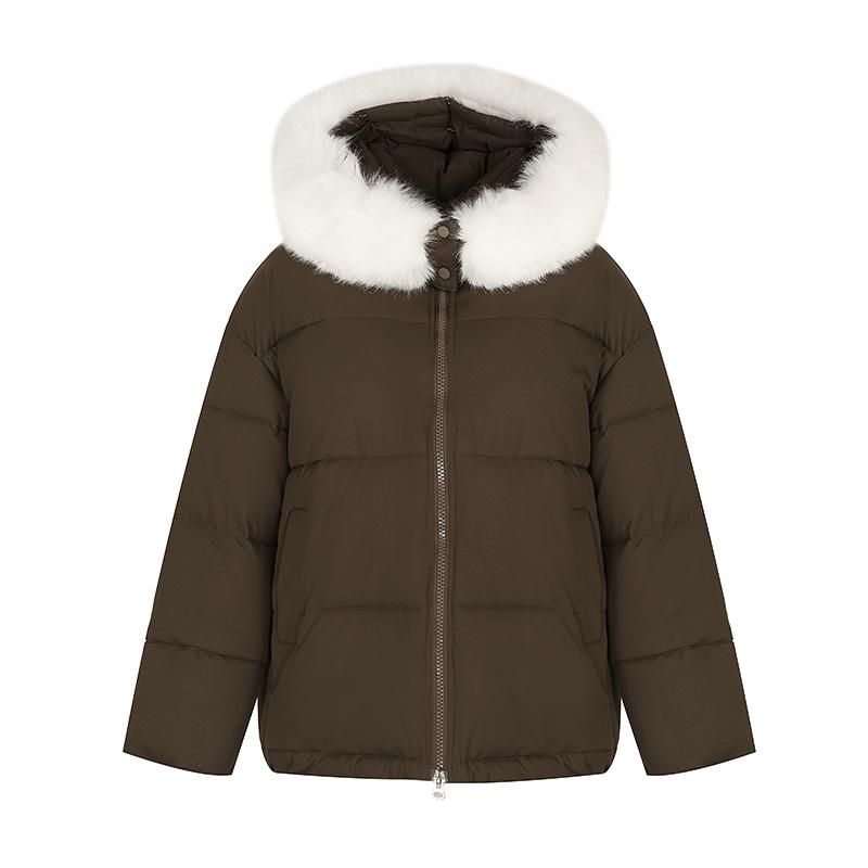 Women Autumn Winter Soild Color Thicken Outwear Cotton Padded Hooded Warm Real Fur Jacket Coat