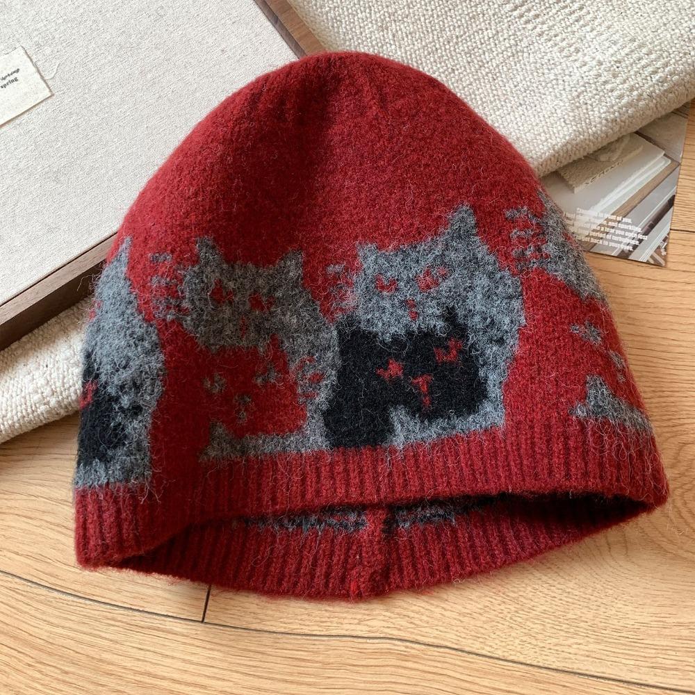 Warm Jacquard Pattern Beanies Fair Isle Style Printing Knit Cap Jacquard Cat Knitted Hat Girls