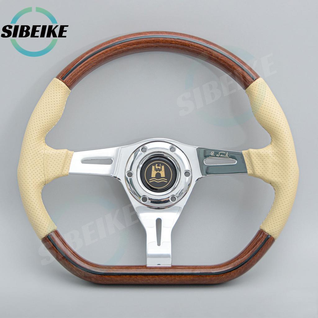 JDM 14inch Classic D Shape Leather Wooden Steering Wheel Vintage Sports Steering Wheel for VW Wolfsburg