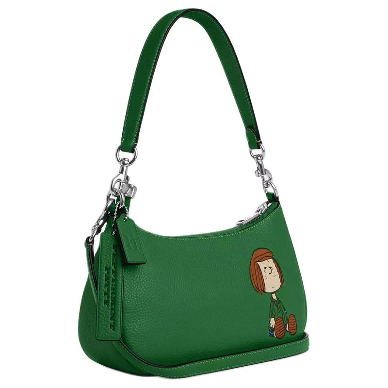 Coach PEANUTS совместный бренд Teri 24 с принтом, фурнитура, фактурная кожа, наплечная сумка-кроссбоди, средний размер, женская, зеленая