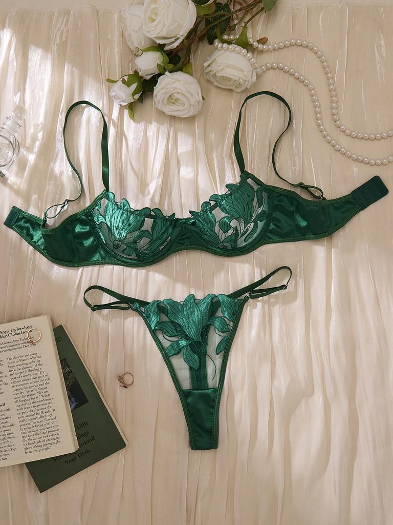 Sweet Lace Embroidered Mesh See-Through Lingerie Set