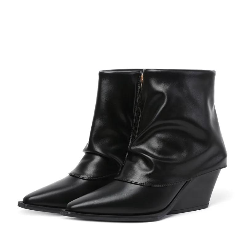 Женская обувь 2024 года, новые женские ботинки с боковой молнией, модные, с оторванным краем, для офиса и карьеры, сексуальные, с острым носком, на танкетке, ботильоны