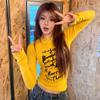 2KWEIRD Tight Yellow Long Sleeve T-shirt For Women Graffiti Print Vintage Street Clothing Slim Undershirt Versatile Top Y2k
