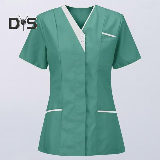 Nurse Uniform Scrubs Tops Women V-neck Short Sleeve Pockets Overalls Uniforms Patchwork Color Nursing Working Tops Workwear