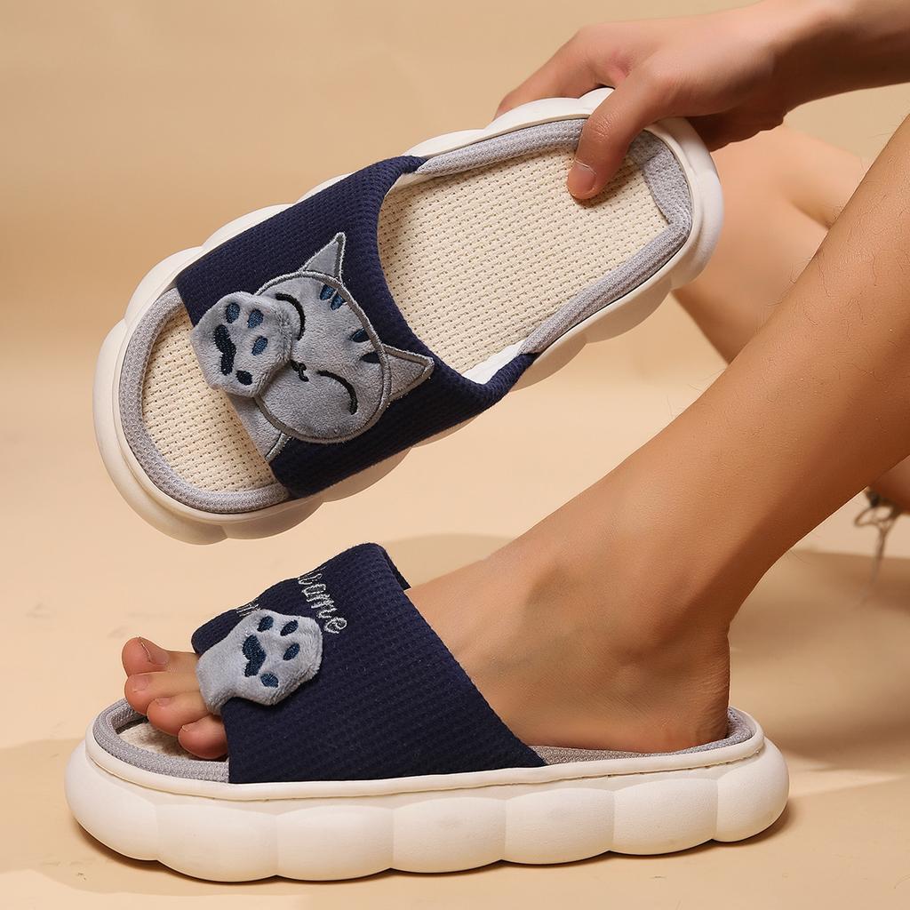 Cute Cartoon Cat Home Slippers for Women In All Four Seasons, Thick Soled Spring and Autumn Cotton Slippers for Indoor Use