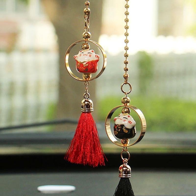 2Pcs Car Pendant Smiling Lucky Cartoon Cat Decoration Auto Interior Rear view Mirror Fur tassels Hanging Ornament Accessories