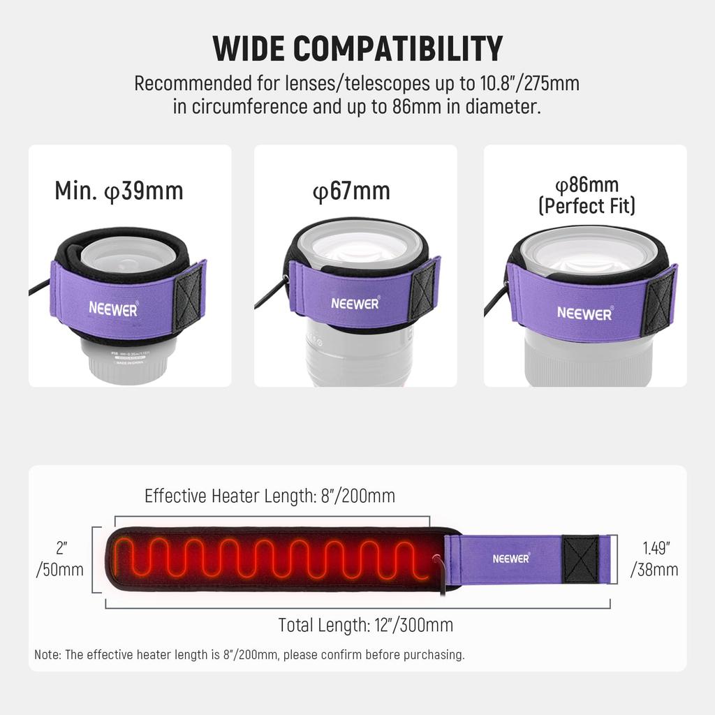 NEEWER USB Нагреватель для объектива для камер и 3-температурная нагревательная полоса для зеркальных и беззеркальных камер и астрономических телескопов 12"/300 мм, Настройки,
