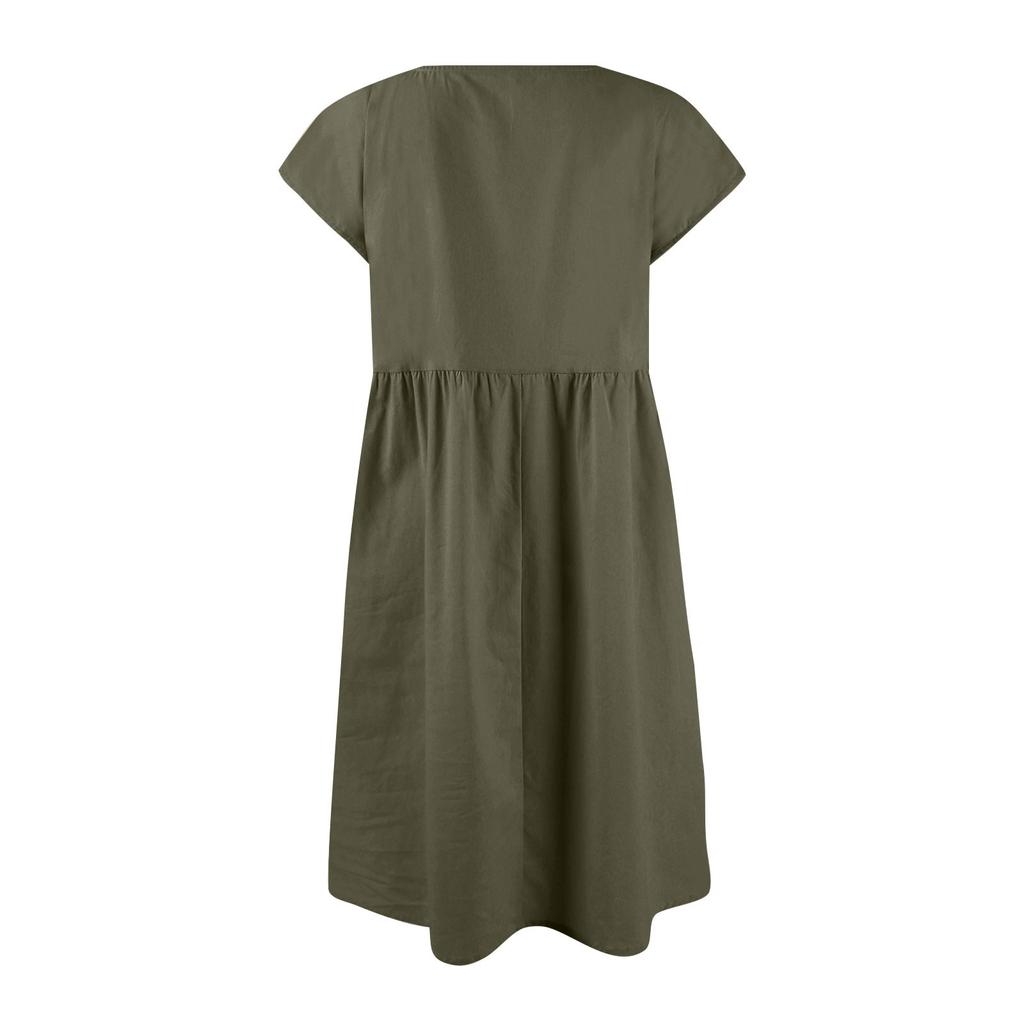 Women's Solid Colour Casual Cotton Linen Dress Short Sleeve Round Neck Pocket Dresses