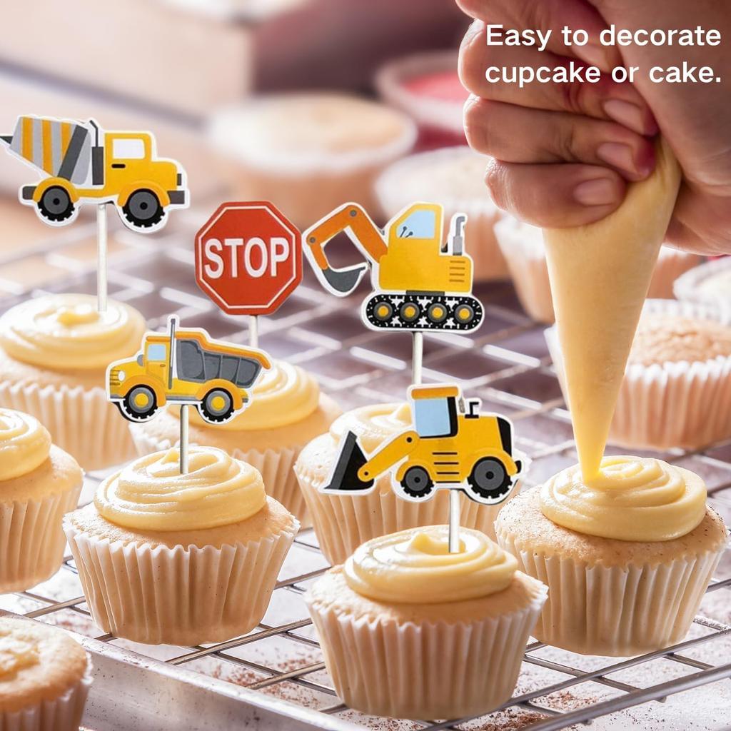 Construction Cupcake Toppers Picks Dump Truck Excavator Tractor Cake Toppers for Kids Birthday Baby Shower Party Decorations