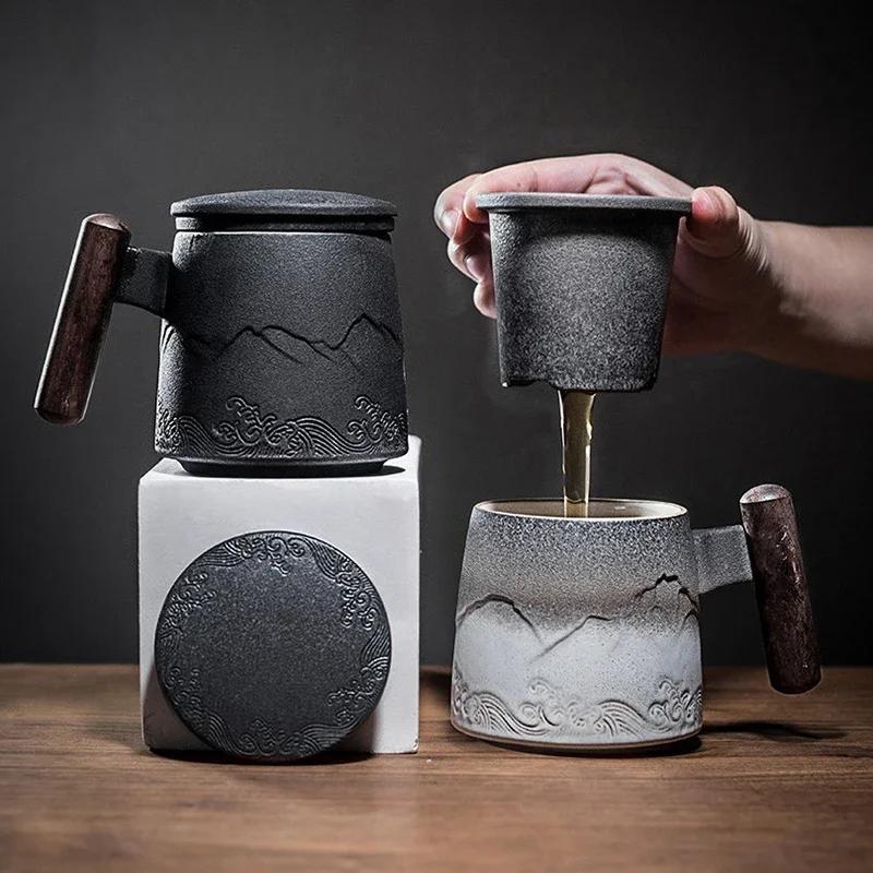Luxury Mug Ceramic Tea Cup Handmade Aesthetic Chinese Retro Mugs Coffee Cups Elegant Teacup Teaware Water Cup Wooden Handle Business Gift Set