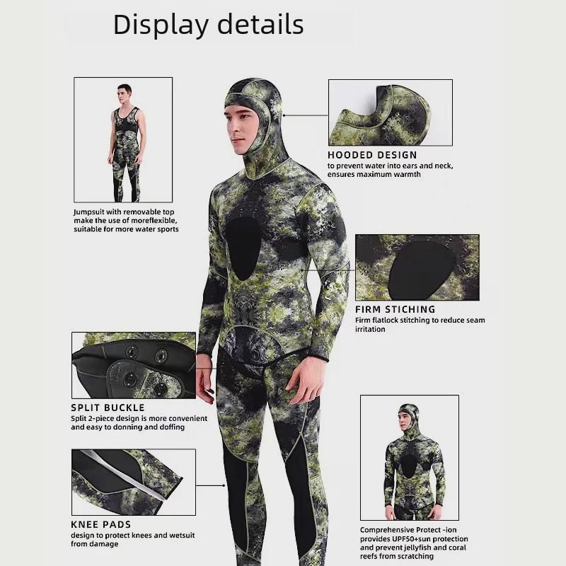 Camouflage 5mm Two-Piece Long-Sleeve Diving Suit - Thick & Warm for Winter Swimming and Spearfishing