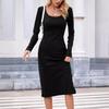 Women's Solid Color Long Sleeve Square Neck Slim and Elegant Long Dress