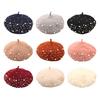 Women Beret Faux Pearl Rhinestone Decor Vintage English Style Woolen Hat No