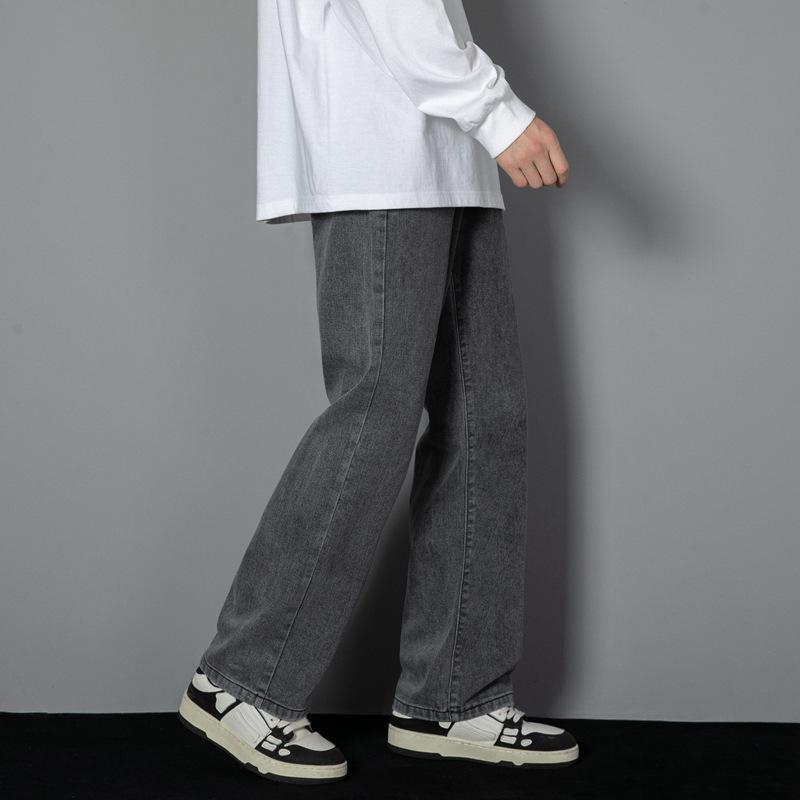 Корейские мужские повседневные длинные джинсы Классические мужские прямые джинсовые широкие брюки Сплошной цвет Голубой Серый Черный