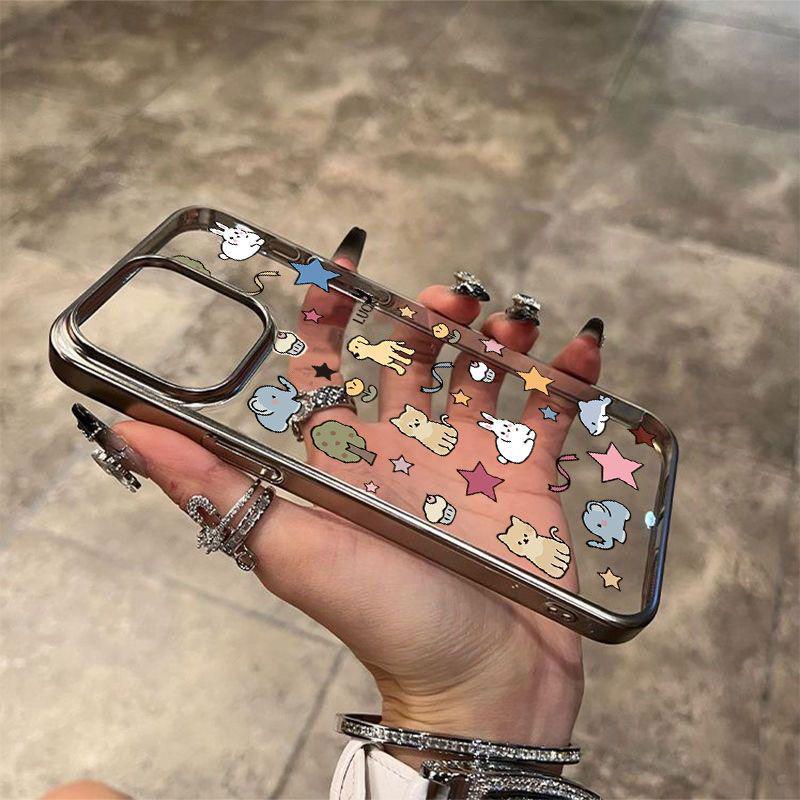 Посеребренная рама для Apple 17 Pro Max, 16, Прозрачный дизайн с животными, Совместима с 15, 14, 13 Pro