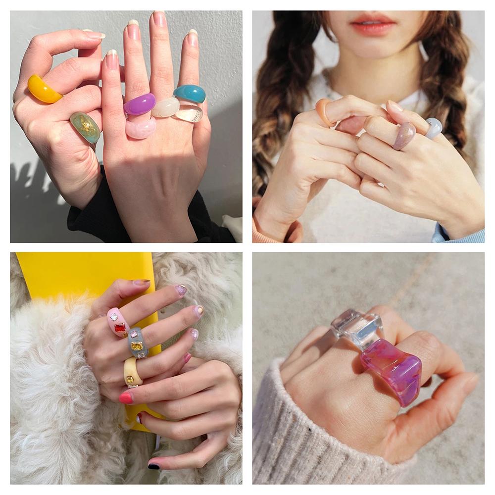 8 шт./компл., новинка 2021 г., цветные, прозрачные, акриловые, со стразами, геометрические квадратные круглые кольца, набор для женщин, ювелирные изделия, дорожные подарки
