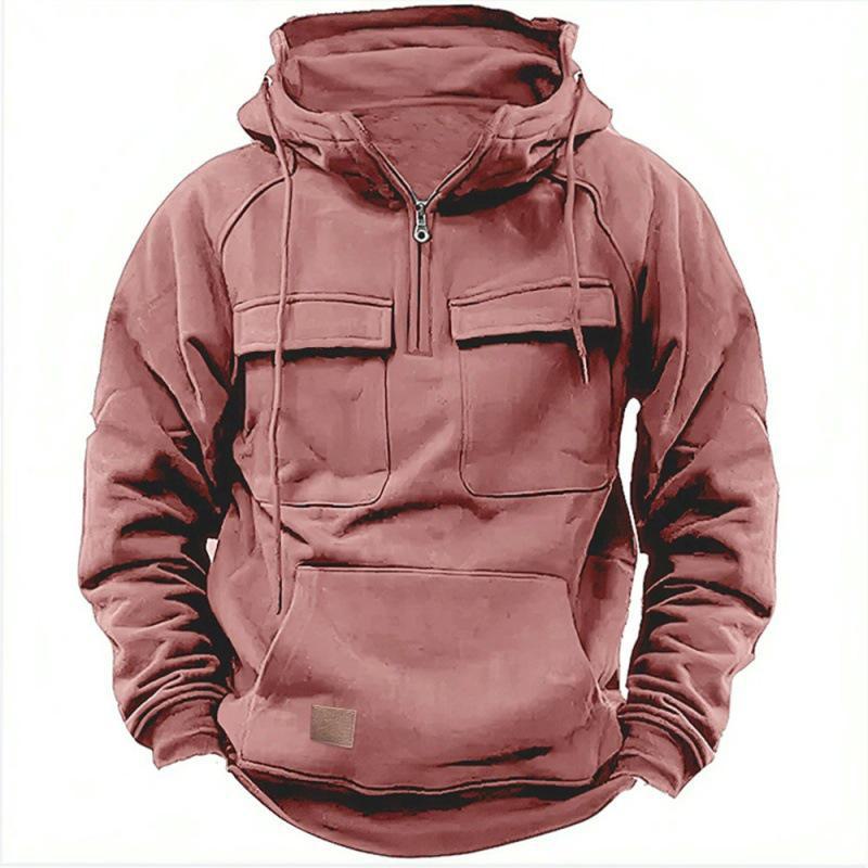 Men's Solid Color Long Sleeve Multi-pocket Loose Hooded Sweatshirt