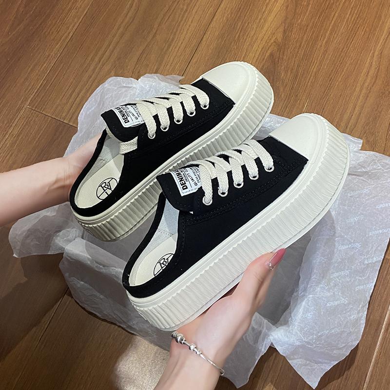 CRLAYDK Fashion Mule for Women Canvas Backless Slip On Casual Ladies Loafers Walking Slides Height Increase Skateboard Shoes