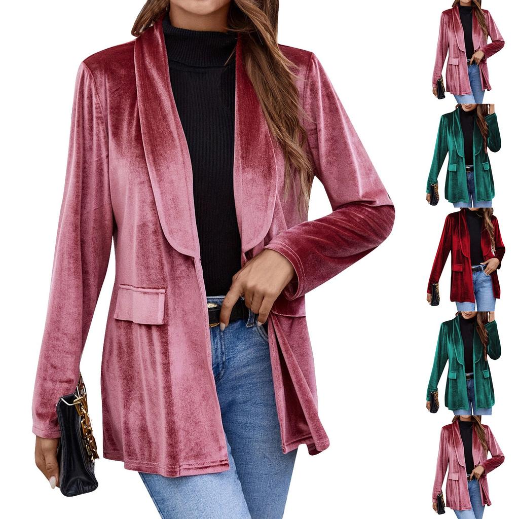 Женский бархатный пиджак с длинным рукавом, заостренными лацканами, на пуговицах, рабочая куртка с карманами