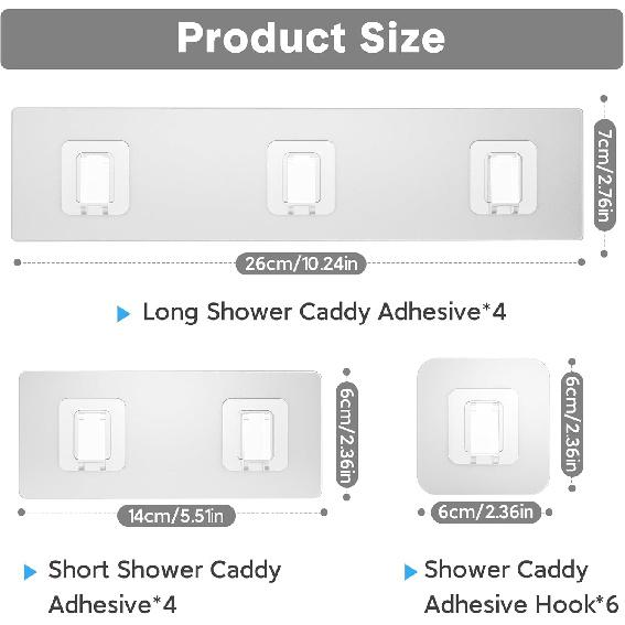 14 Pack Shower Caddy Adhesive Replacement Flat, Transparent Strong Adhesive Hooks, No Drilling, Waterproof Wall Hooks for Shower Caddy, Bathroom