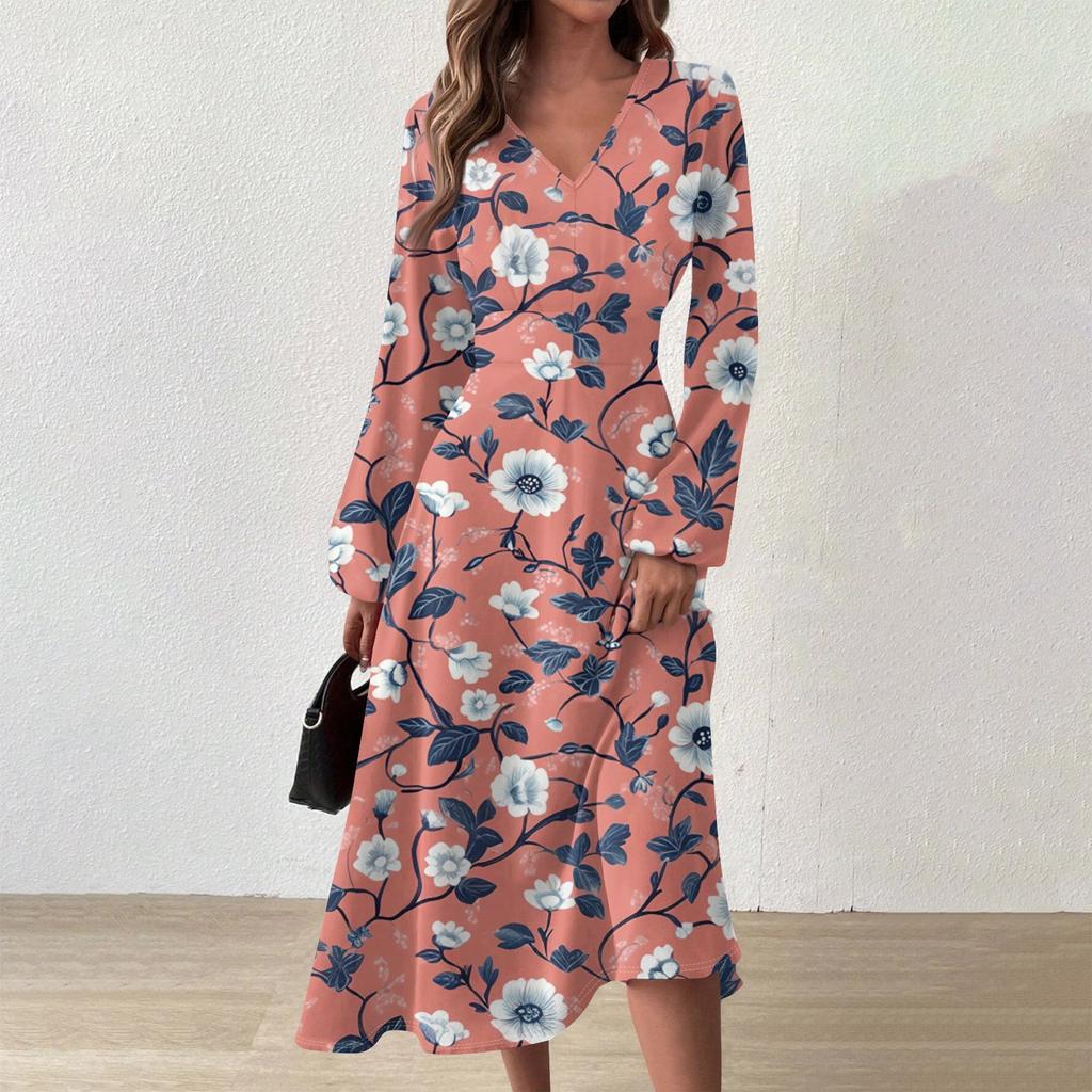 Women's Casual Fashion V-Neck Long Sleeve Floral Print Long Dress