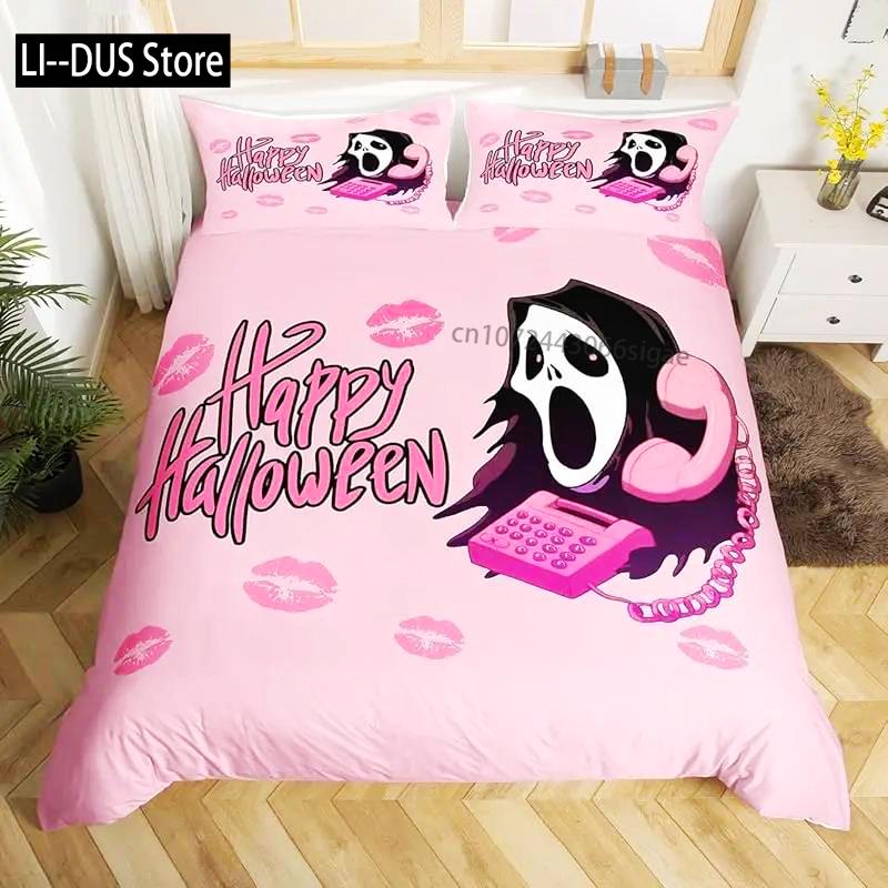 Halloween Bedding Set 3/4-pcs Pink Cartoon Skeleton Duvet Set Funny Horror Ghost 2 Pillowcases,1 Bed Sheet And 1 Duvet Cover