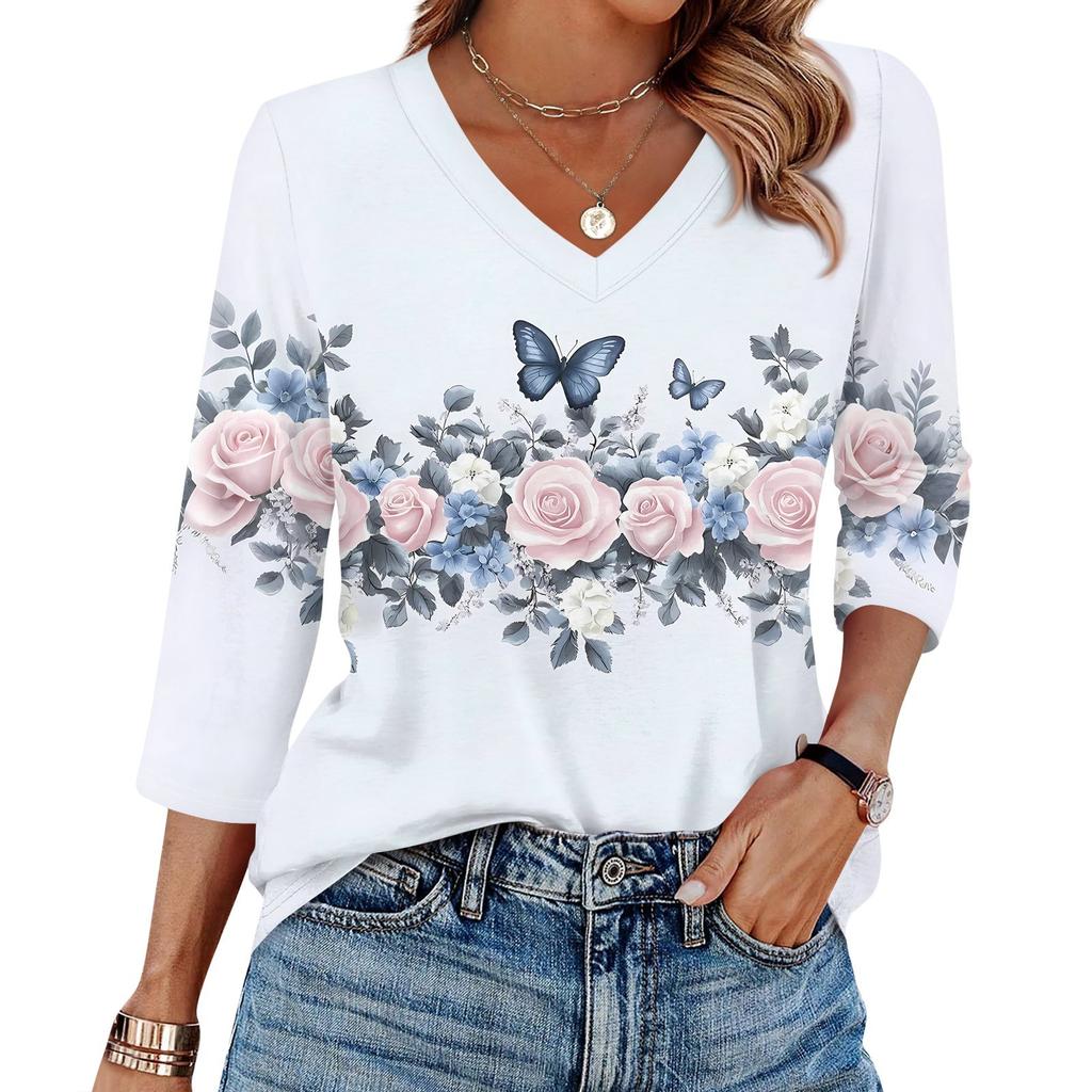 Женская футболка с принтом, рукав 3/4, повседневная мода на выходные, базовый топ с V-образным вырезом