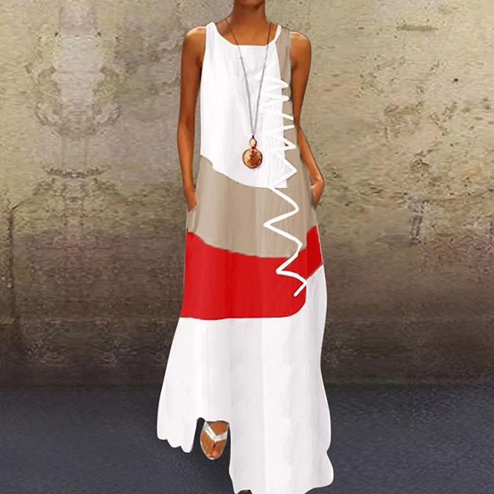 Женское хлопковое длинное платье без рукавов с круглым вырезом и летним винтажным принтом