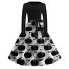 Women's Casual Halloween Print Round Neck Vintage Dress Long Sleeve Fit and Flare Midi Dress with Waist Tie for Seasonal Occasion
