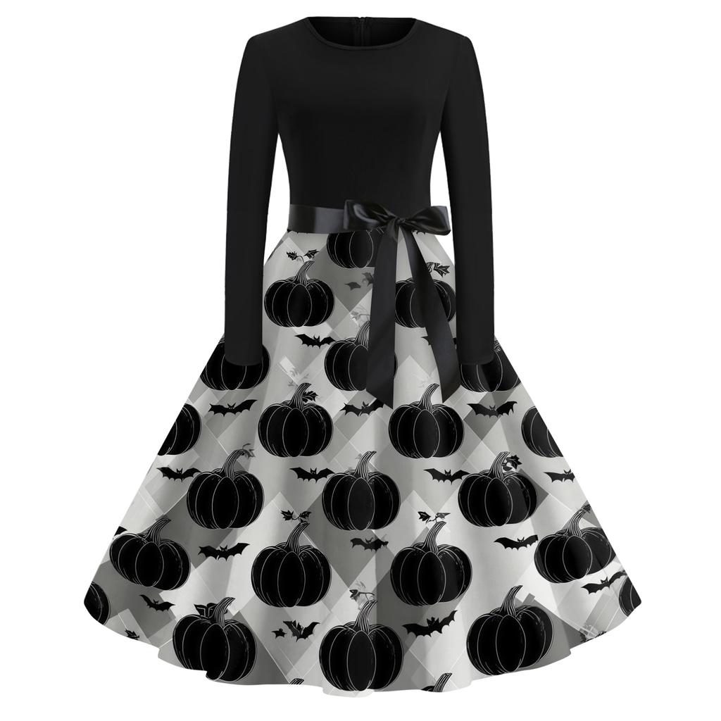 Women's Casual Halloween Print Round Neck Vintage Dress Long Sleeve Fit and Flare Midi Dress with Waist Tie for Seasonal Occasion