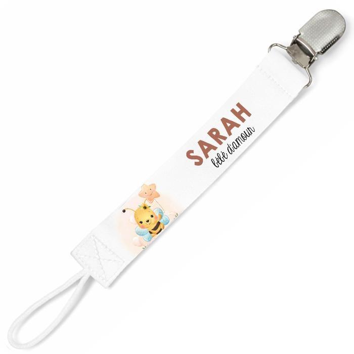 Planetee Attache tétine pour prénom SARAH bébé d'amour Abeille | Attache sucette cadeau naissance