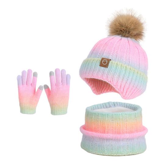Набор из 3 предметов для детей: зимний вязаный шарф, перчатки, шапка с помпоном, радужная расцветка, без полей, перчатки с сенсорным экраном, набор для согрева шеи