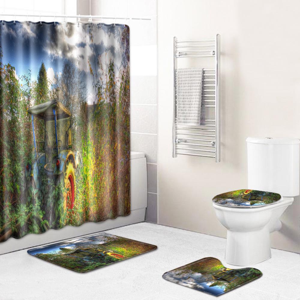 Landscape Shower Curtain Floor Mat Combination Four-Piece Set Bathroom Toilet Carpet Shower Room Mat Foot Mat