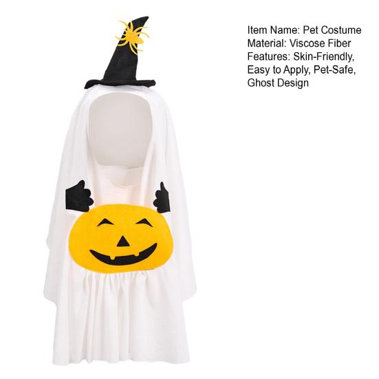 Halloween Ghost Dog Outfit Pumpkin White Ghost Costume Pet Cosplay Attire with Witch Hat for Trick or Treat Costume Party Photoshoot