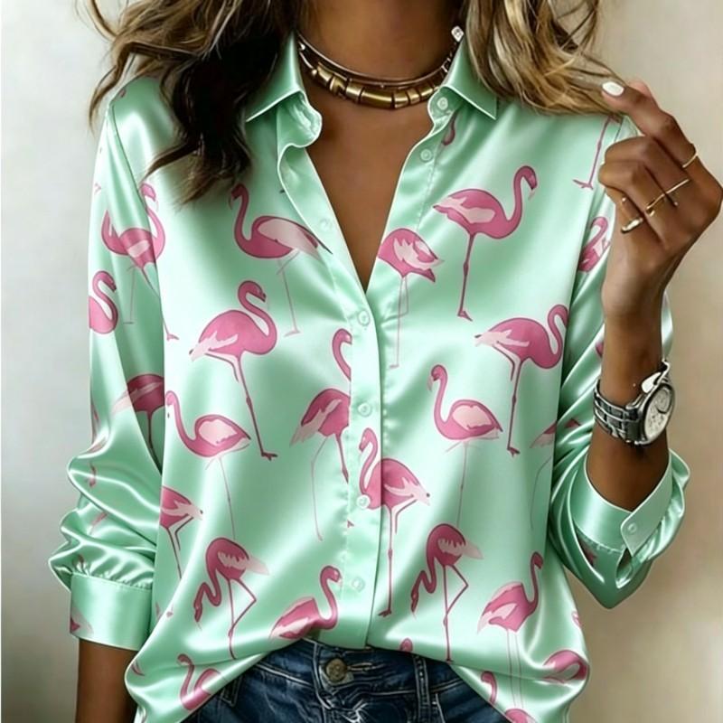 Women Satin Long Sleeve Shirt Flamingo Print Blouse Lapel Single Breasted Elegant Loose Office Tops