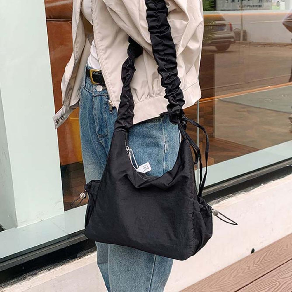 Zipper Pleated Straps Handbag Nylon Cloth Crossbody Bag Underarm Bag Drawstring Shoulder Bag Daily