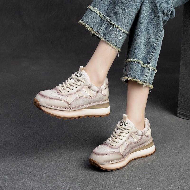 2024 Spring New Genuine Leather Sneakers Casual Sports Shoes Round Toe Lacd-up Retro Versatile Women's Flat Shoes