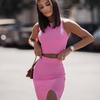 2023 Summer European & American Women's Two-Piece Set: Solid Color Slim Vest & Slit Short Skirt