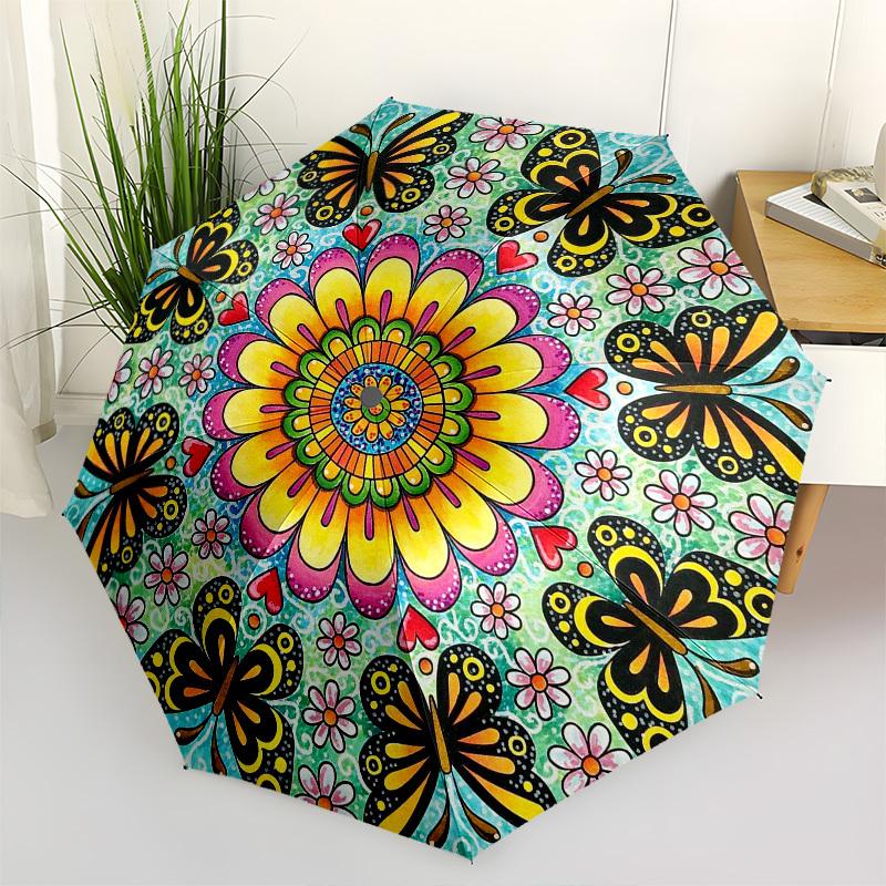 1pc Butterfly Mandala Art Umbrella with Plastic Handle,Compact & Stylish,Suitable for All Seasons YS331008