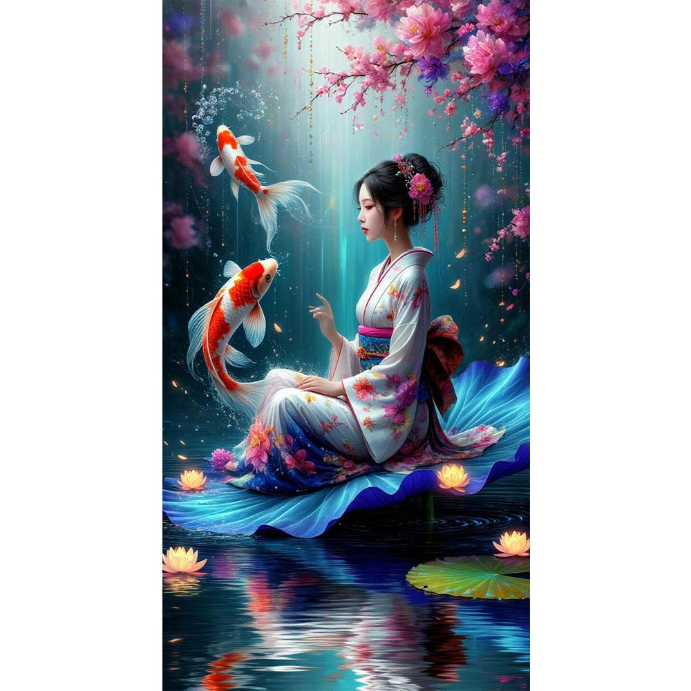 Большой размер Мозаика Сделай сам Полные наборы для рисования бриллиантами Искусство Красивая японская гейша и рыбы кои Вышивка Крестом Стразы
