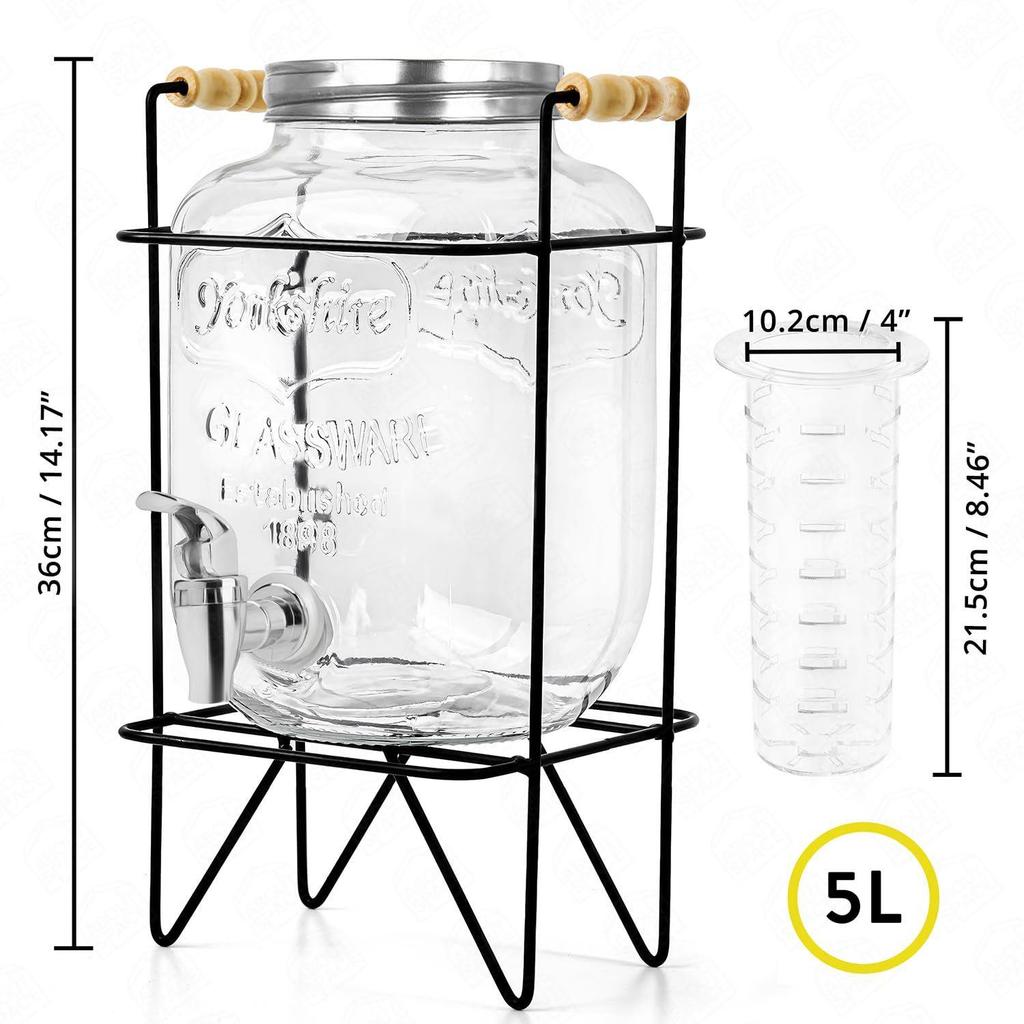 5 Litre Glass Water Dispenser with Tap, Infuser & Stand - Air Tight Lid Detox Water Jar - Mason Jar - Counter Tabletop Juice