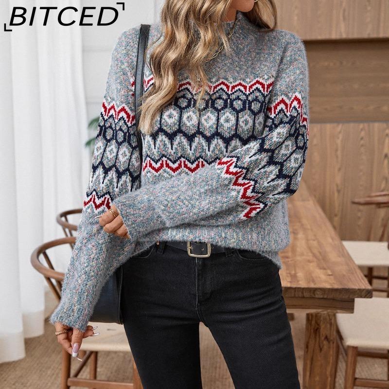 BITCED Jacquard Autumn/Winter Pullover with Half-High Neck Women's Casual Long-Sleeved Knitted Top