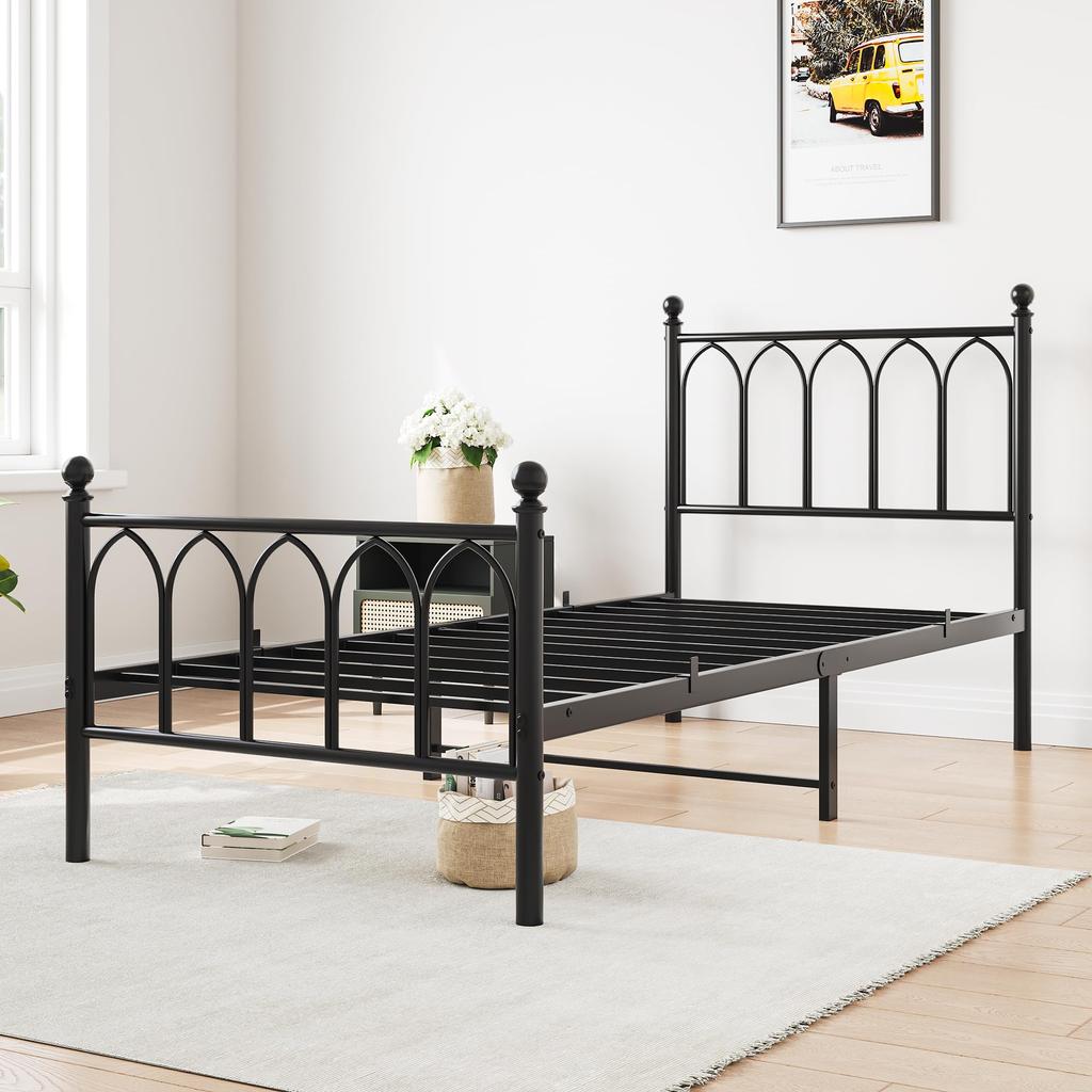 90x200cm Metal Bed Frame with Vintage Headboard and Footboard, Heavy Duty Steel Slat Support, Reach Under-Bed Storage, No Box Spring Required, Black