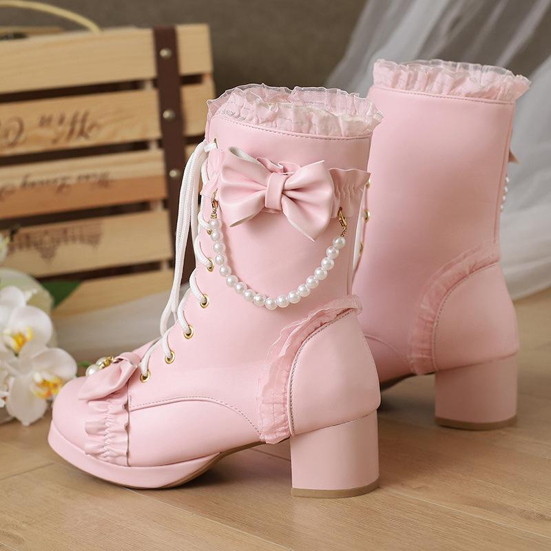 Зимние женские ботильоны до щиколотки Сладкая Лолита Бант Кружево Вечерние Свадебные Туфли Женские Высокие Каблуки Девушки Принцесса Косплей Меховые Сапоги 30-43