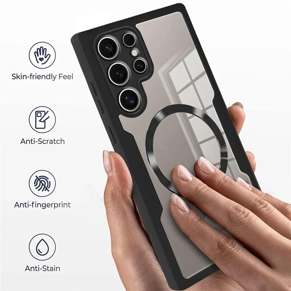 Противоударный чехол Magsafe на 360° для Samsung Galaxy S25 S24 S23 S22 S21 Ultra Plus FE Беспроводная зарядка Прозрачная крышка
