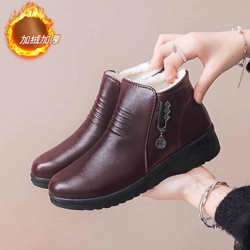 Повседневная обувь хлопковая обувь женская осень и зима для среднего возраста мягкая подошва полусапожки средние женские туфли бархатные теплые на плоской подошве кожаные туфли