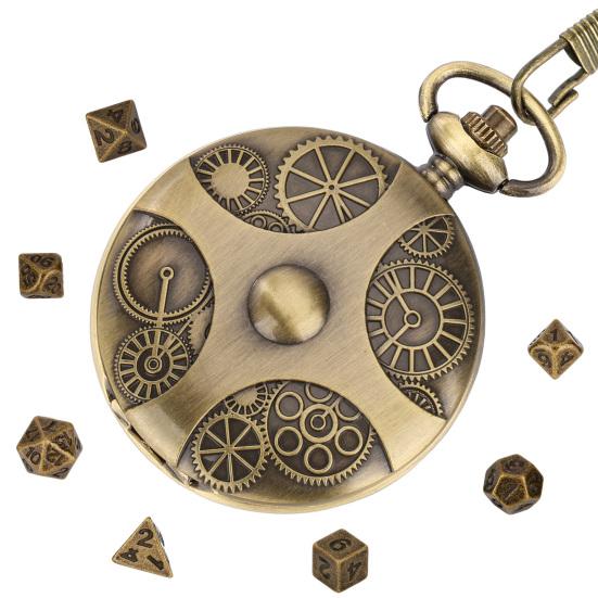 Mini DND Dice Set Steampunk Gear Pocket Watch Dice Set Metal D&D Dice Role Playing Board Games Accessories for Tabletop Adventures