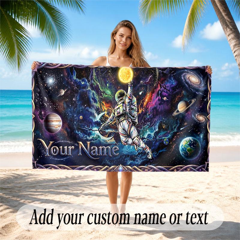 Space Cosmic Theme Soft Beach Towel Personalized Custom Name Text Towel Portable for Beach Pool Travel