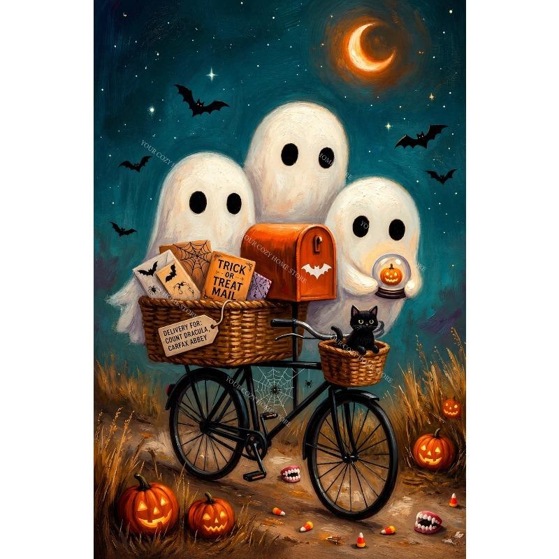 Funny Ghost Black Cat Canvas Gallery Wall Print Sunglasses Pumpkin Bat Vintage Wall Art Farmhouse Halloween Fall Home Decor Gift